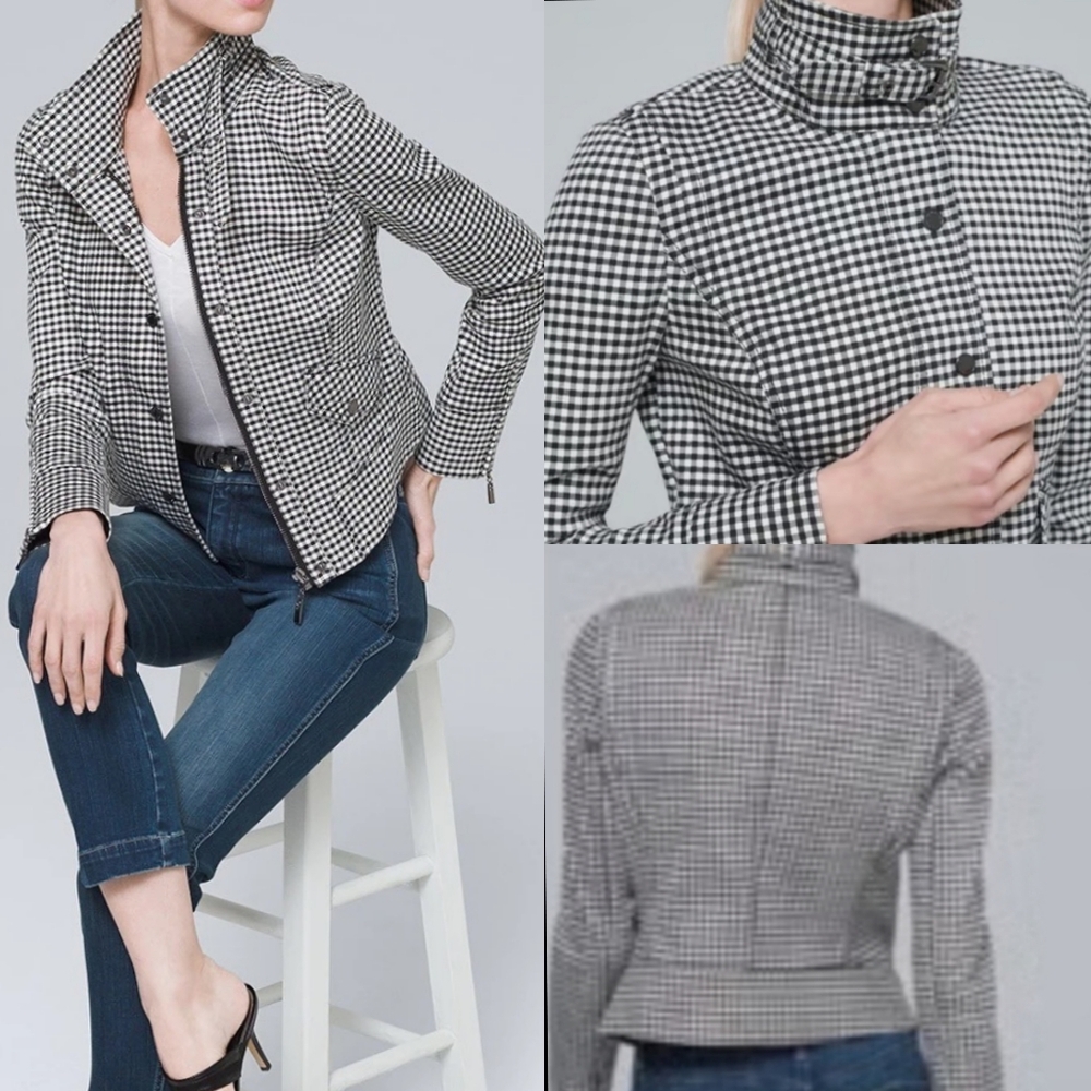 White House Black Market Cropped Plaid Gingham Jacket Blazer Full Zip Size 8